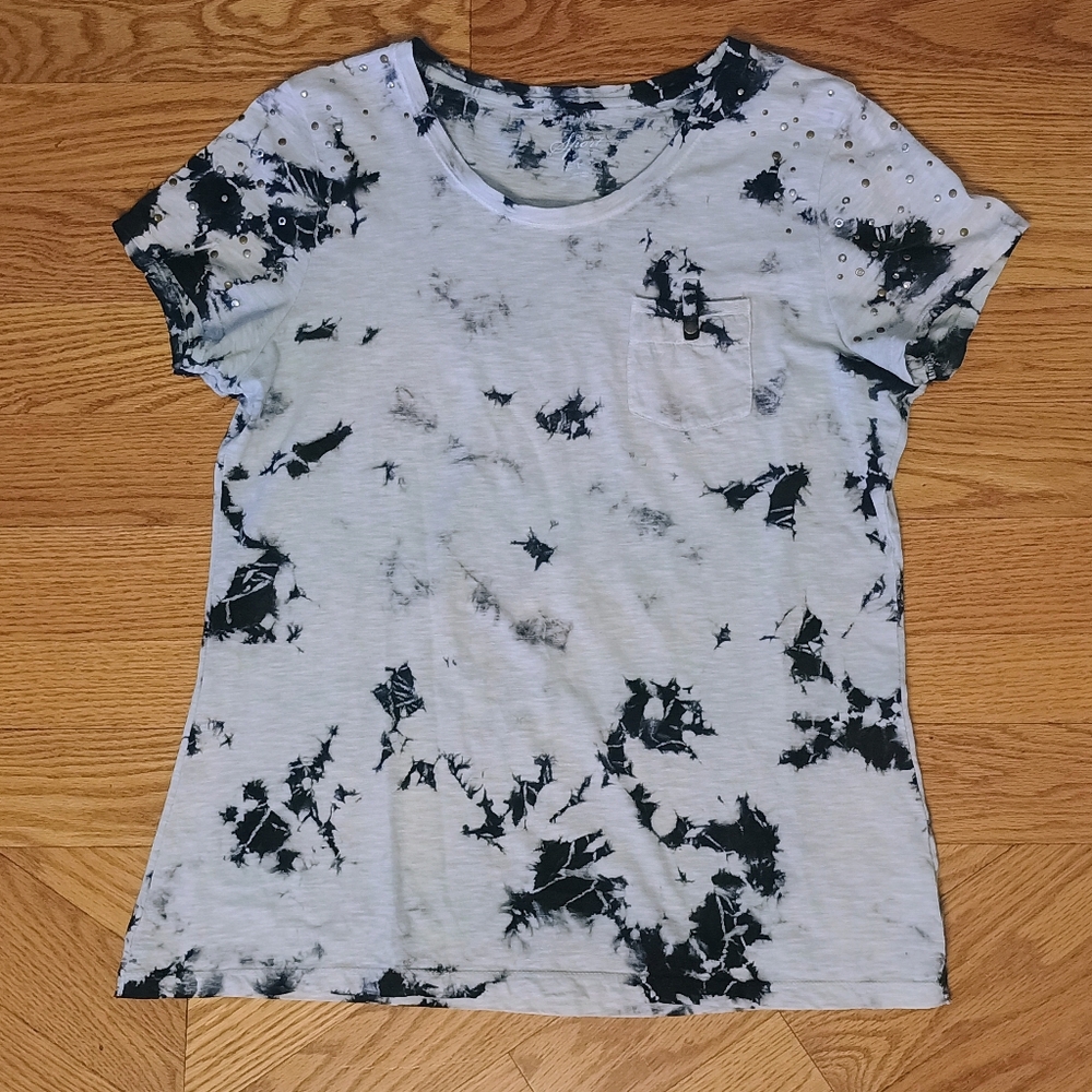 Style & Co Short Tie Dye Black White Studded Embellished T-Shirt‎ Size Large